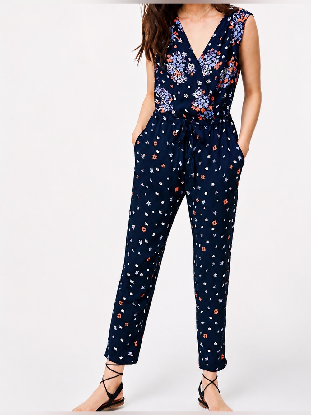 LOFT Navy Floral Sleeveless V-Neck Wrap Jumpsuit